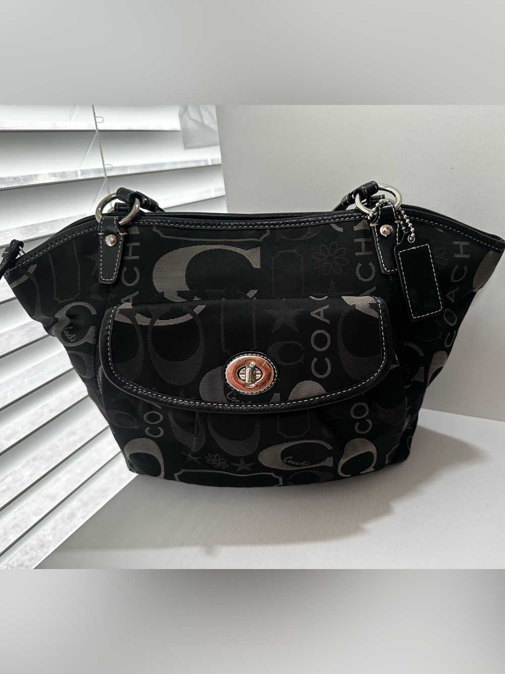 Coach Leah Signature Black & Grey Stars with Turnlock Accent Shoulder Bag